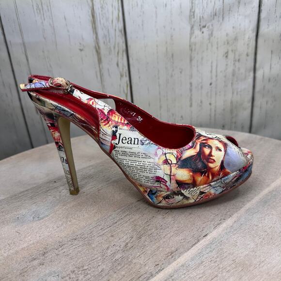 Newsprint Platform Peep Toe Womens Heels Red Retro Slingbacks Size 38 EU - Picture 9 of 15